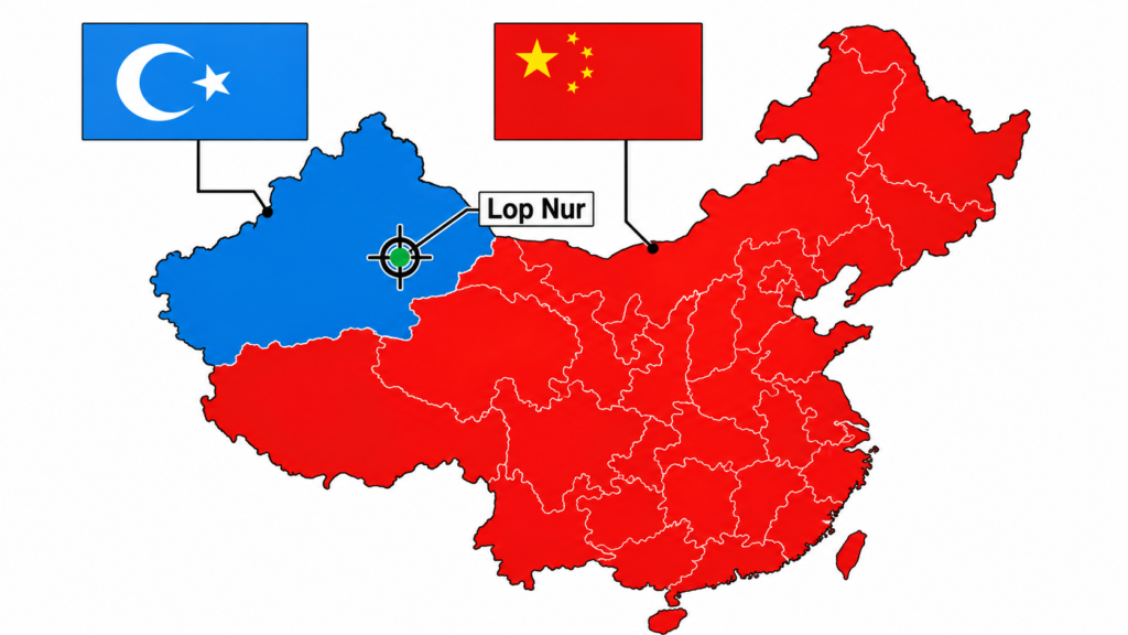 Map showing the location of Lop Nur in Xinjiang, where China conducted its nuclear weapons tests between 1964 and 1996.