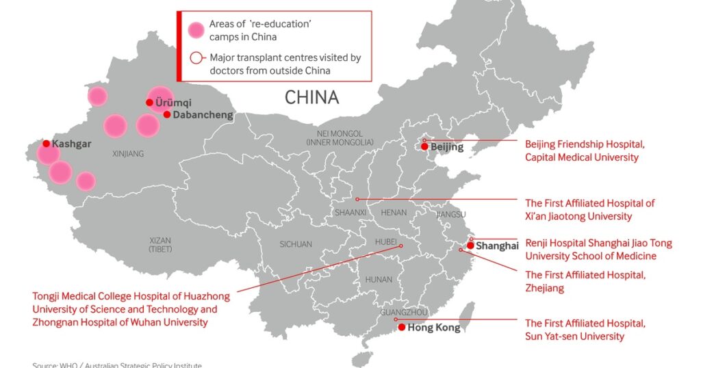 Map showing major transplant centres and areas associated with reported re-education camps in China.